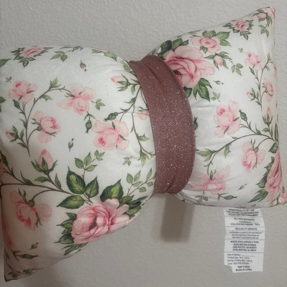 Floral Bow Pillow with Pink Roses